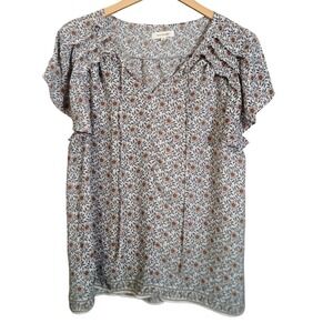 MAX STUDIO Women's Floral Print V Neck Ruffle Short Sleeve Top Size L